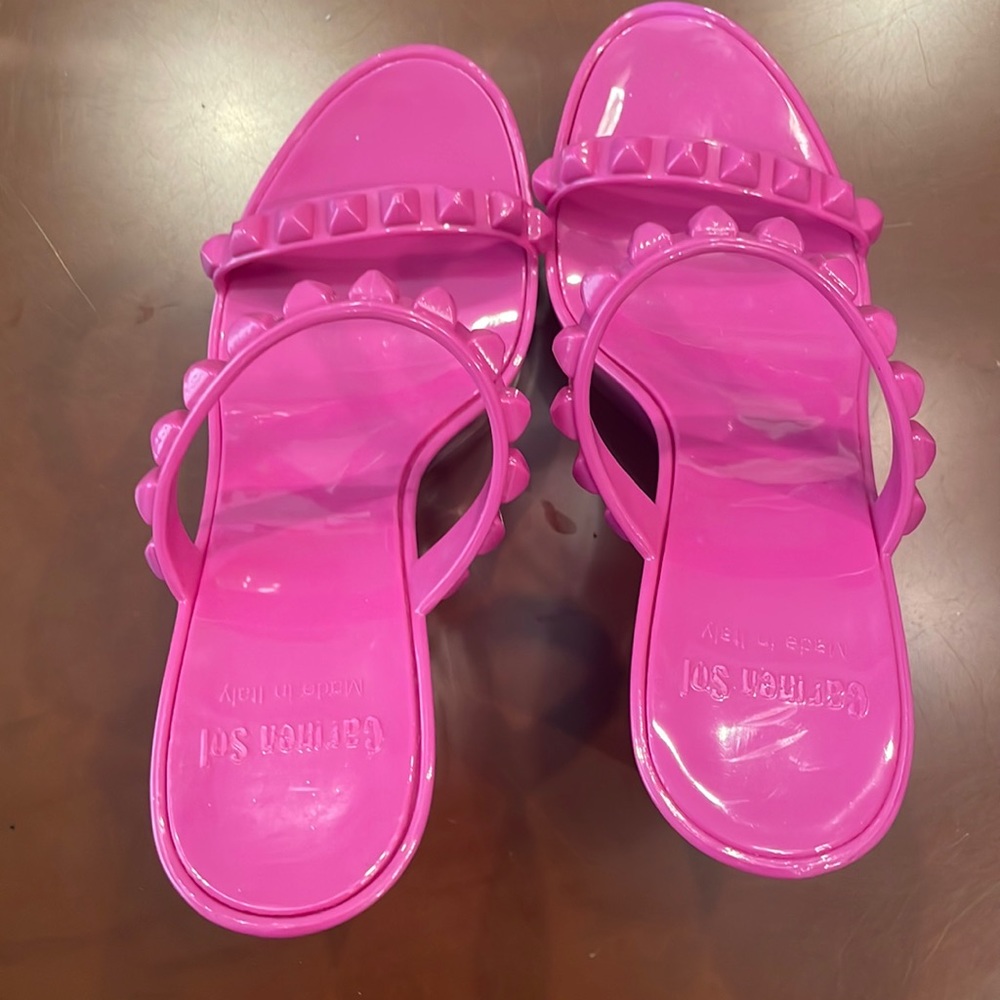 Women's Bright Pink Studded Wedge Slide Sandals